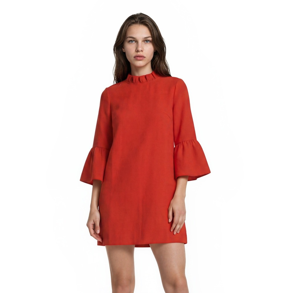New J.Crew Shift Dress Women's Size 2 Red Ruffle High‎ Neck Bell Sleeve Crepe